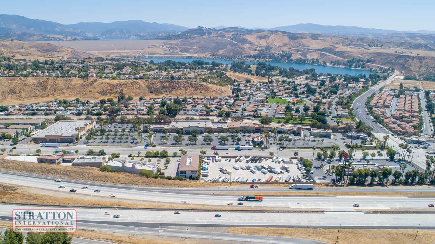 aerial view of shopping center building for lease in Castaic, CA